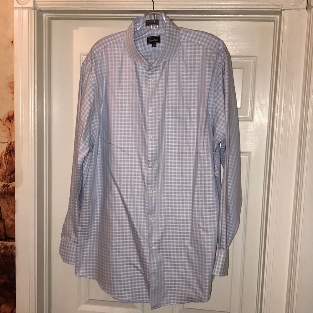 Men’s Neiman Marcus Checkered Dress Shirt Blue/White Wrinkle Free Cotton Size 17